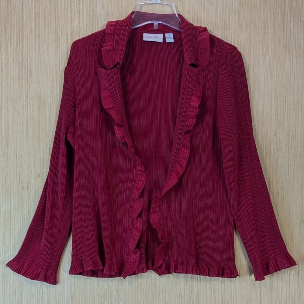 Chicos Feminine Chic Glam Pleated Ruffle Cardigan Jacket Size L Red Open Front